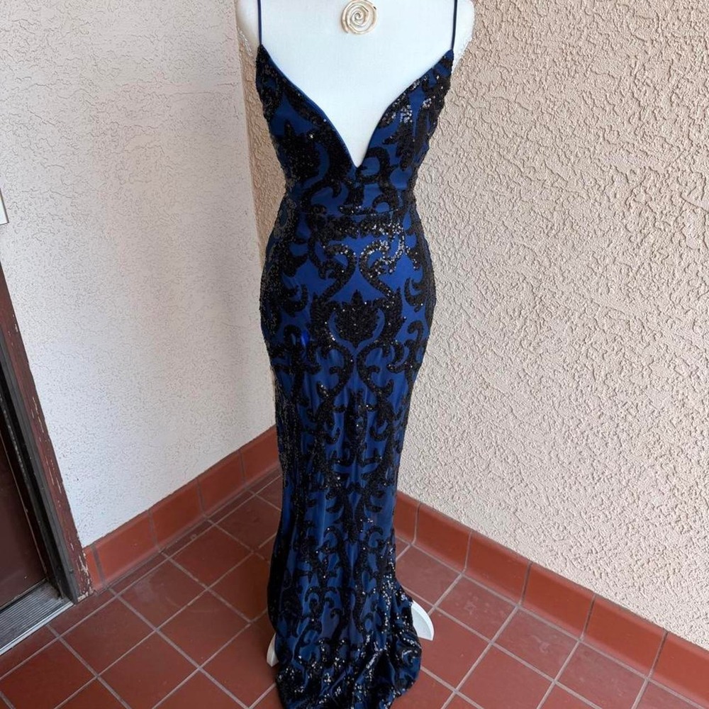 Navy blue sequin maxi dress with black sequin floral pattern